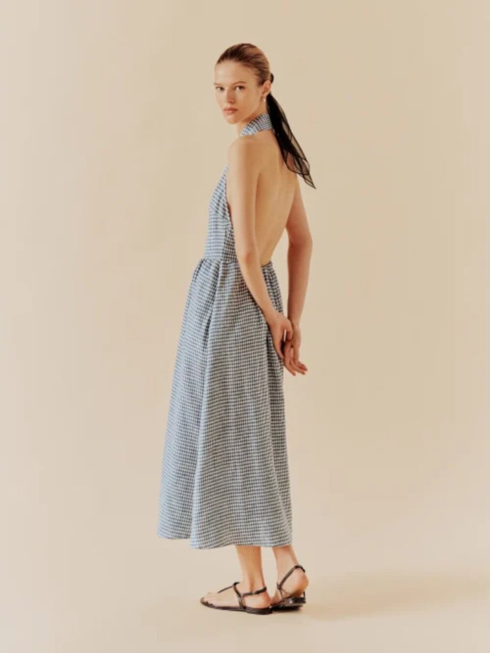 NWT Reformation Tace Linen Dress in Slate Check Navy Open Back Midi Button - Picture 5 of 10